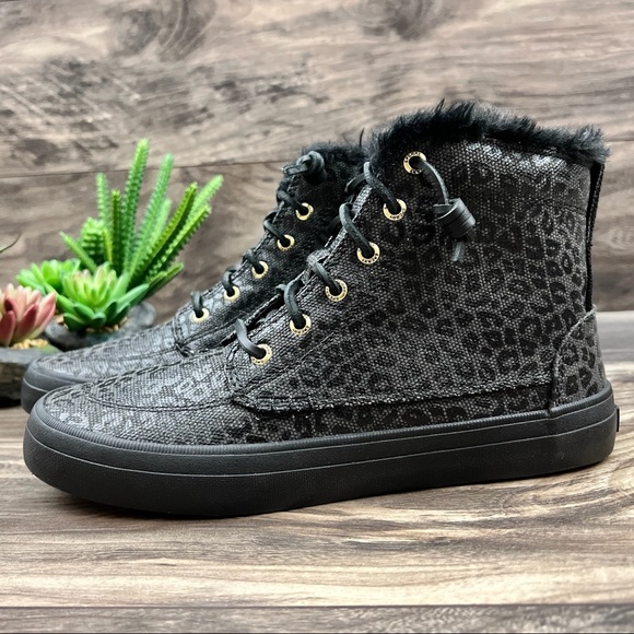 NIB Sperry Crest Vibe Canvas High Top Sneaker Black Animal Print Textile - Picture 4 of 13